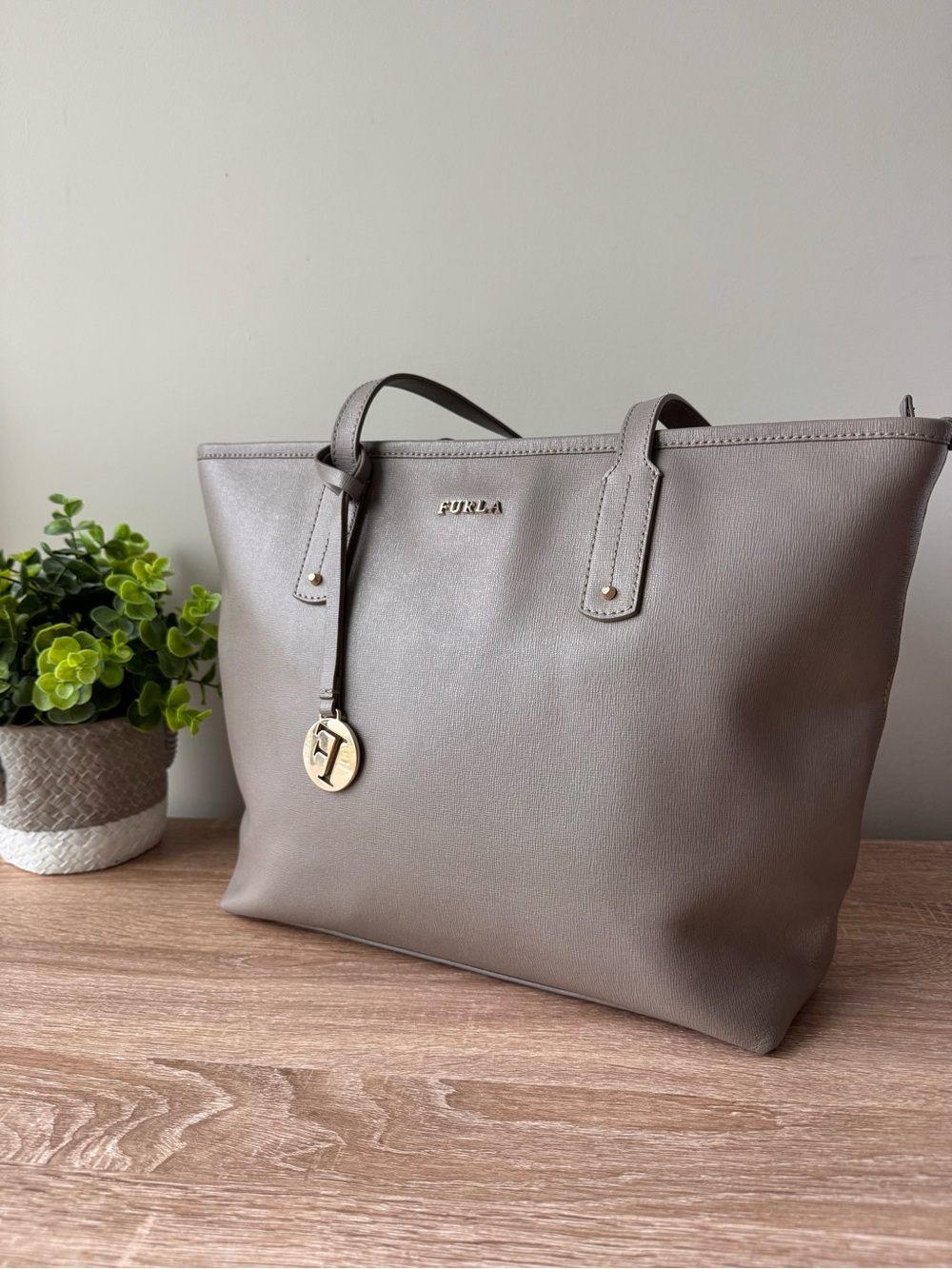 Furla Neutral Taupe Leather Tote with Gold Charm
